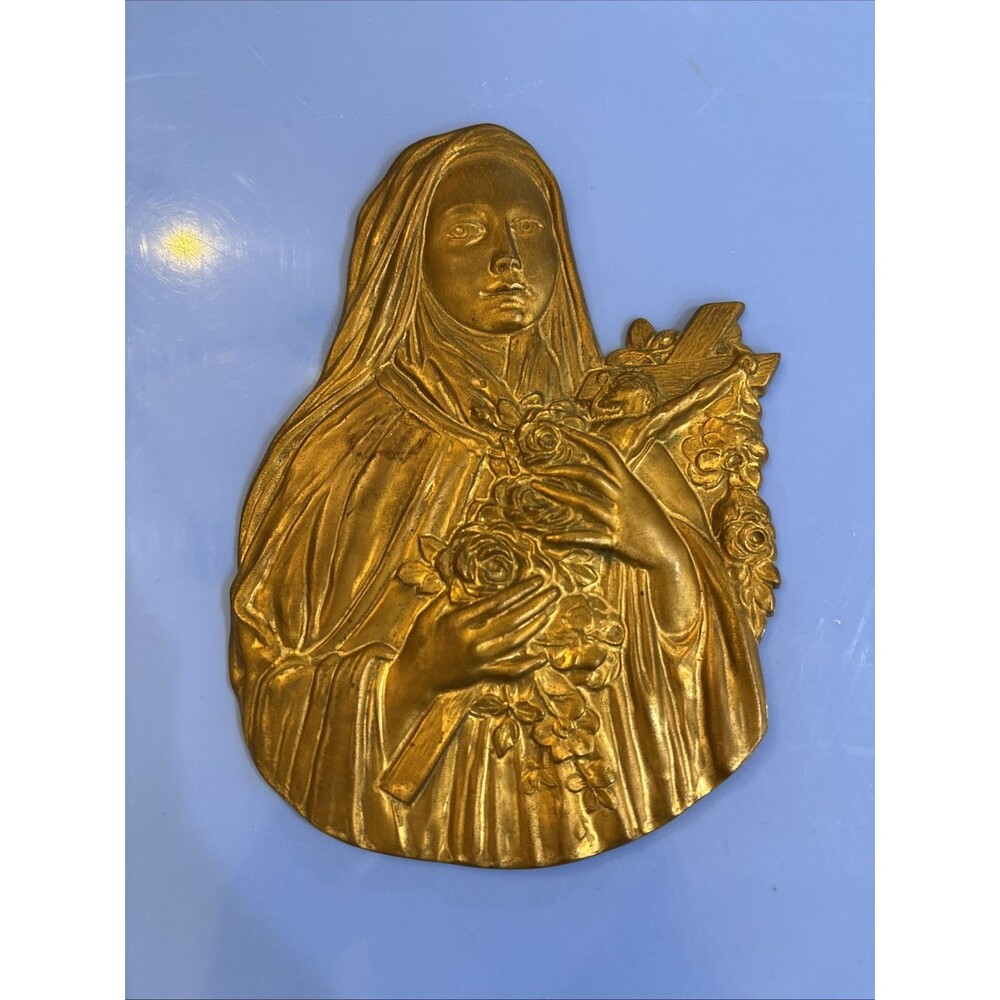 Vintage St Therese of Lisieux Little Flower Gold Tone Metal Wall Plaque 6” Holy